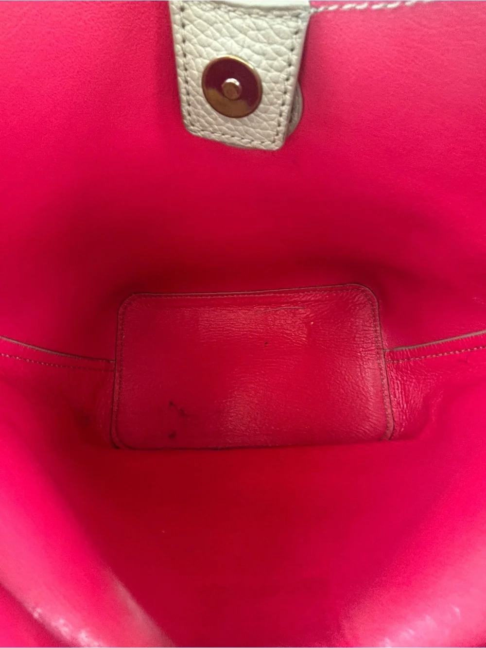 Tory Burch Taupe Crescent Shoulder Bag with Red Interior Accents